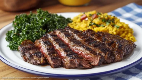 Bife mineira grelhado com farofa de ovo e salada de couve