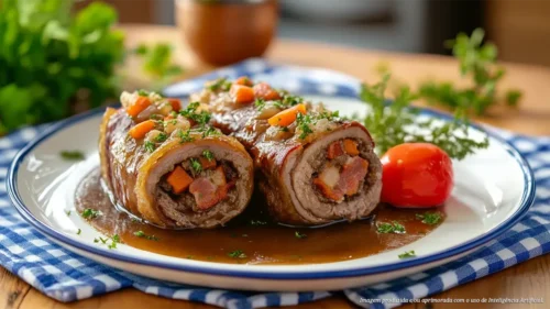 Bife de coxão duro à rolê com bacon, cenoura e molho caseiro