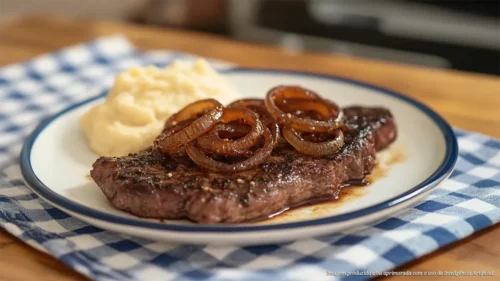 Bife de coxão duro grelhado com cebola caramelizada e purê cremoso