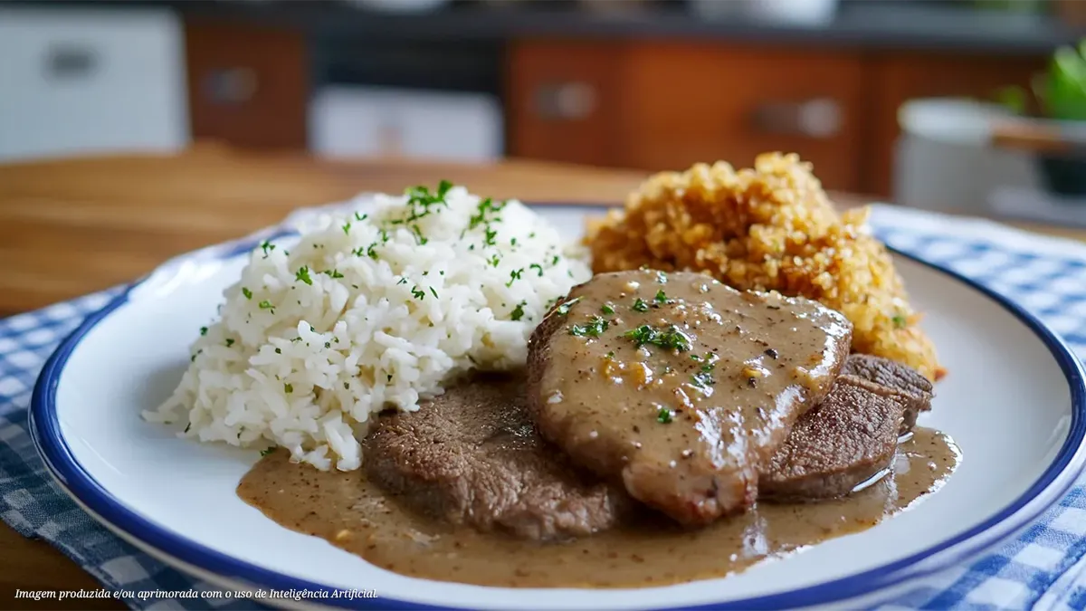 Uma refeição saborosa com bife de lagarto macio ao molho ferrugem, servido com arroz branco soltinho e farofa crocante para uma experiência gastronômica completa.