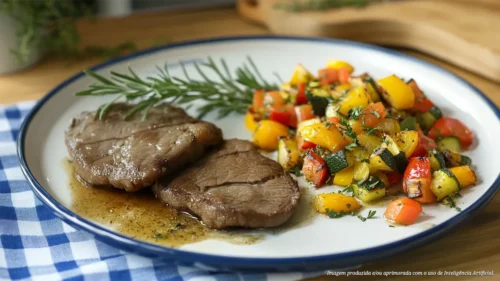 Bife palha ao vinho com legumes rústicos e alecrim fresco