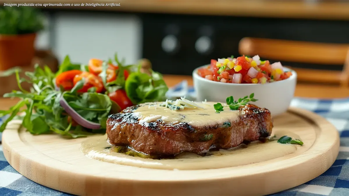 Bisteca da minga na brasa com molho de gorgonzola e vinagrete
