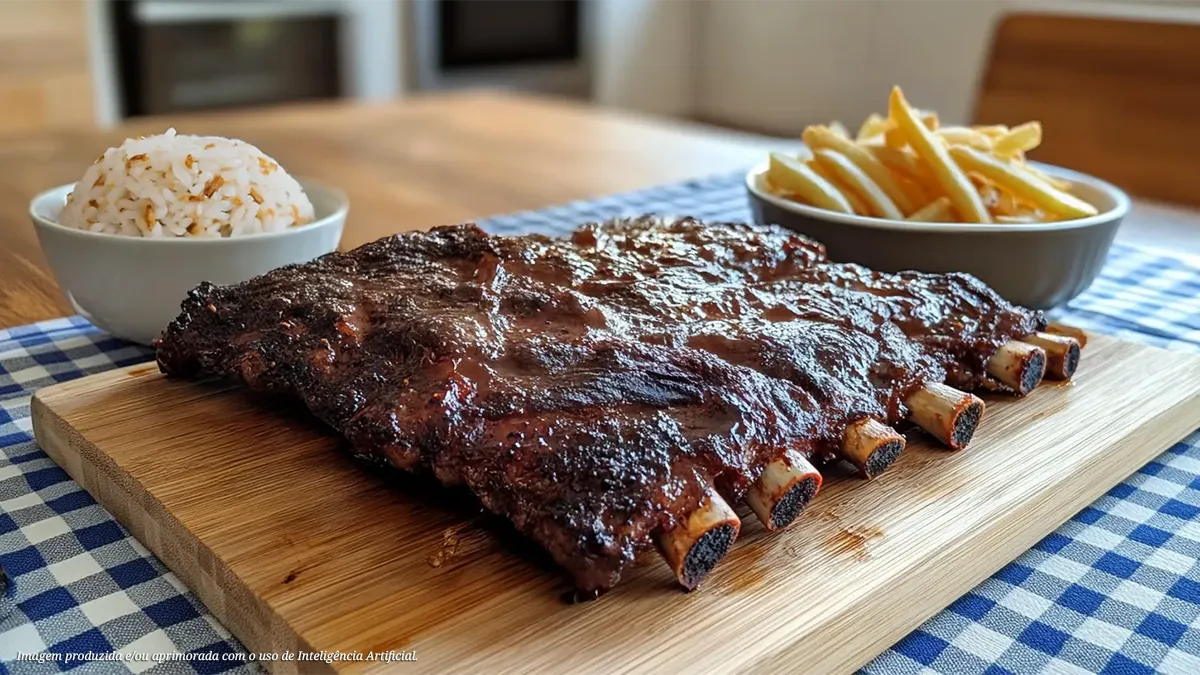 Costela na brasa com arroz de alho e batata frita