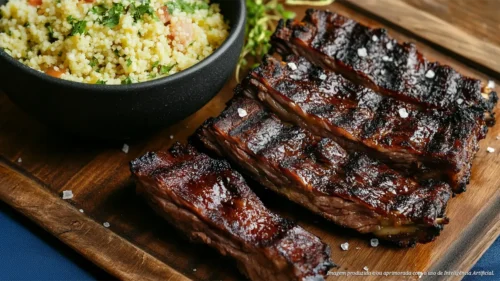 Costela na brasa com molho de hortelã e couscous marroquino