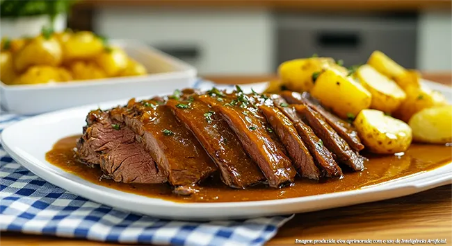 Fatias suculentas de músculo mole, banhadas em um molho de laranja brilhante e guarnecidas com salsa picada, servidas ao lado de batatas sauté douradas em um prato branco ondulado.