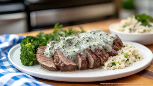 Músculo tortuguita ao molho de gorgonzola com arroz de brócolis