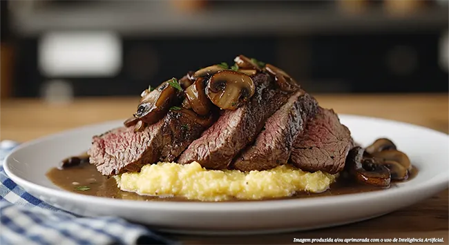 Fatias de carne bovina, apresentadas sobre uma porção de polenta cremosa, regadas com molho de cogumelos e salpicadas com cheiro-verde. O prato está em um recipiente branco. A imagem retrata um Peixinho ao molho de cogumelos com polenta cremosa.