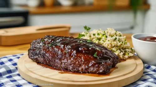 Ponta de peito bovino grelhado com molho barbecue e arroz de brócolis