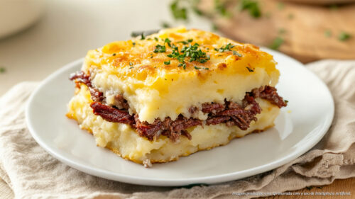Escondidinho de carne seca com purê de mandioquinha