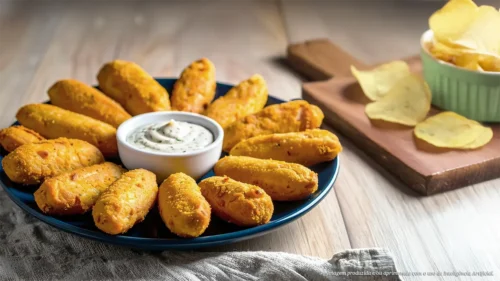 Bolinho de bacalhau com molho de alho e chips de mandioca