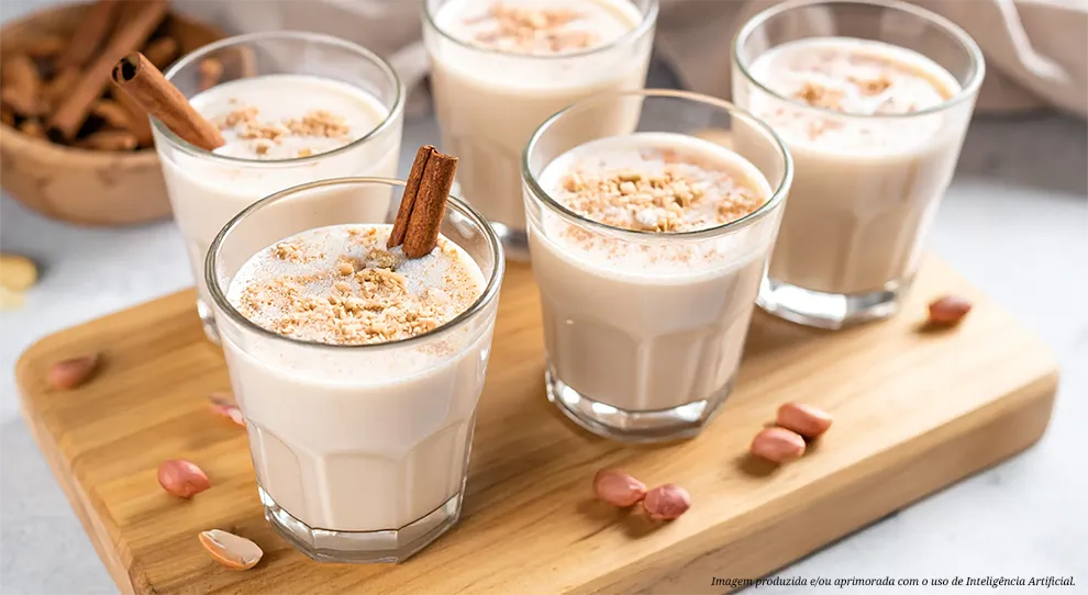 Copos de chá de amendoim com canela, com amendoim triturado e canela em pó por cima. Os copos estão em uma tábua de madeira. A imagem exibe um Chá de amendoim com canela.