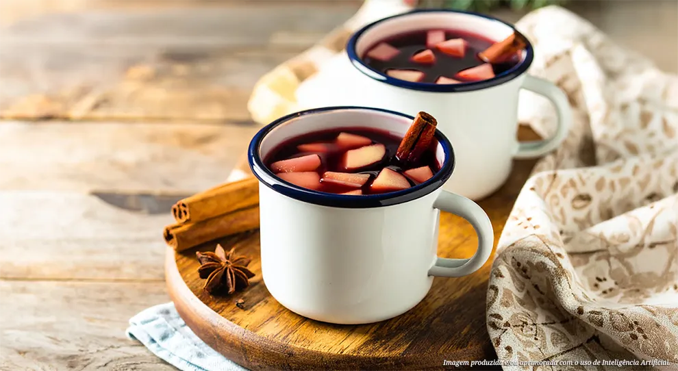 Apresenta duas canecas de bebidas quentes. A bebida é um vinho quente escuro e contém frutas em pedaços e canela. As canecas brancas com borda azul estão sobre uma superfície de madeira.