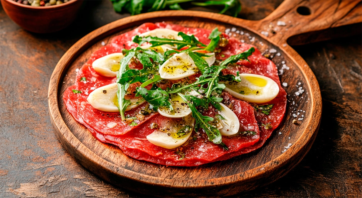 Carpaccio de patinho com azeite trufado e folhas de endívia