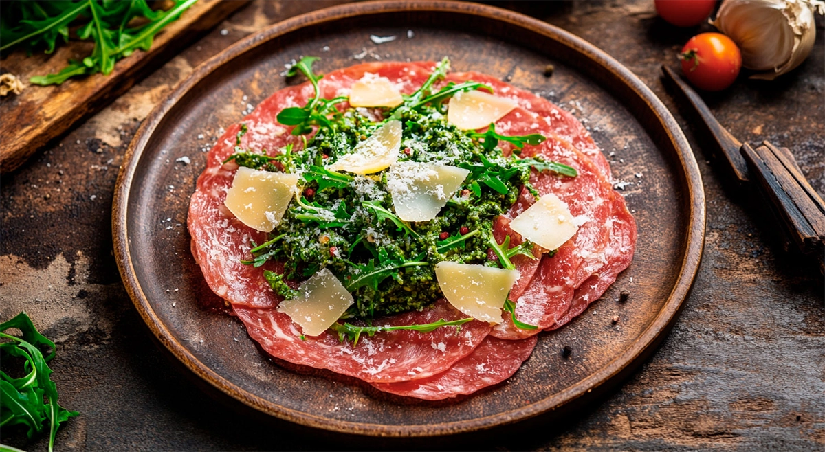 Carpaccio de lagarto com pesto de rúcula e lascas de parmesão