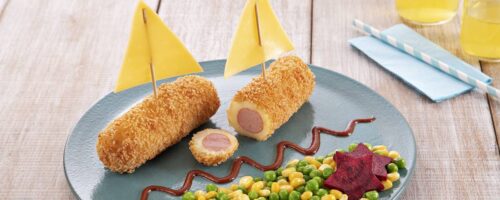 Croquete de Salsicha, Batata e Parmesão com Vegetais na Manteiga