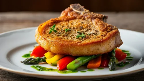 Bisteca Suína Frita e Temperada com Mostarda Dijon Acompanhada de Legumes ao Molho de Ervas Aromáticas