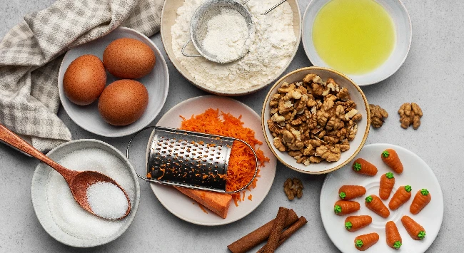 Ingredientes para o bolo de cenoura inglês.