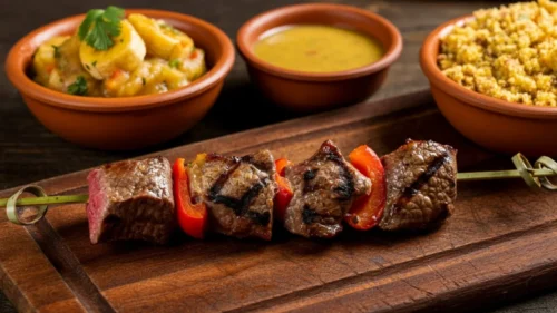Espetinho de Carne com Vinagrete de Banana e Farofa