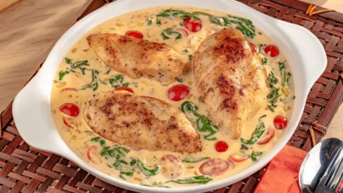Filé de frango ao molho de tomates e espinafre
