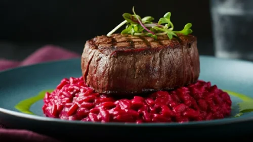 Filé Mignon com Risoto de Beterraba