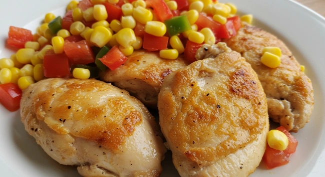 Filés de peito de frango grelhados com dourado perfeito, acompanhados de milho, pimentões coloridos e cubos de tomate frescos.