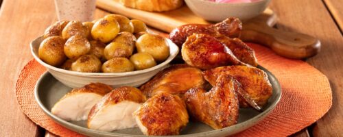 Frango de Padaria na Cerveja Seara com Batatas Bolinhas e Pão de Brioche Tostado