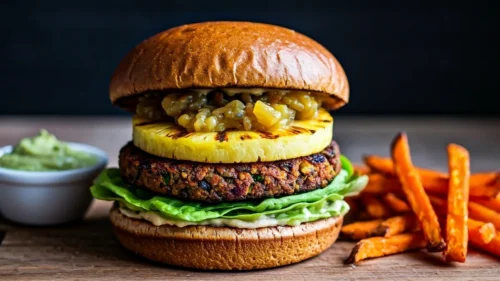Hambúrguer vegetariano com chutney de abacaxi e banana