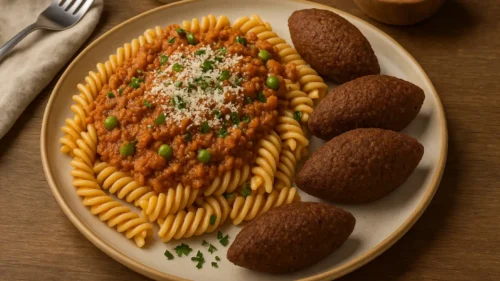 Kibe vegano com macarrão ao molho bolonhesa de ervilha com parmesão