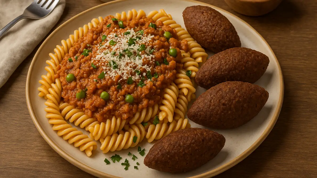 Kibe vegano com macarrão ao molho bolonhesa de ervilha com parmesão