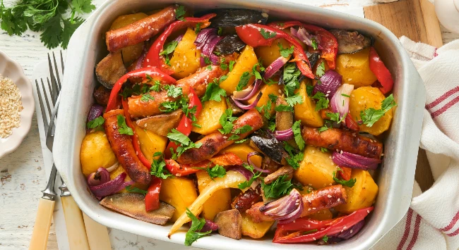 Travessa com legumes assados como abóbora, pimentão vermelho, cebola roxa e cenoura, finalizados com ervas frescas picadas.