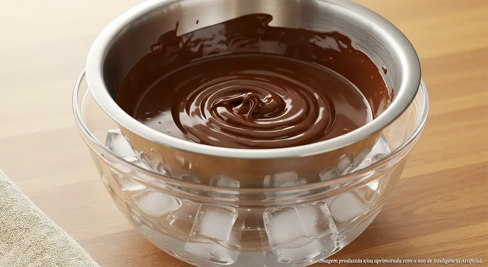 Tigela de metal com chocolate derretido está imersa em uma tigela de vidro com gelo e um pouco de água, demonstrando como temperar chocolate