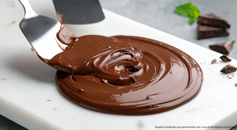 Chocolate derretido é espalhado sobre uma superfície de mármore branco com uma espátula de metal, demonstrando como temperar chocolate pelo método de tablagem