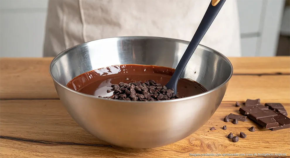 Uma pessoa adiciona pedaços de chocolate sólido a uma porção de chocolate já derretido em uma tigela de metal, demonstrando a técnica de como temperar chocolate por adição