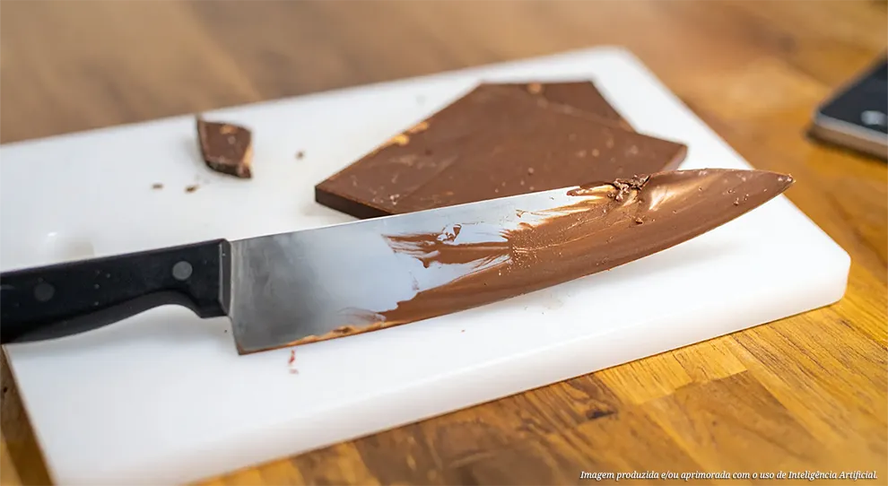 Uma faca com a ponta coberta de chocolate temperado repousa sobre uma tábua de corte branca, mostrando o teste de como temperar chocolate corretamente