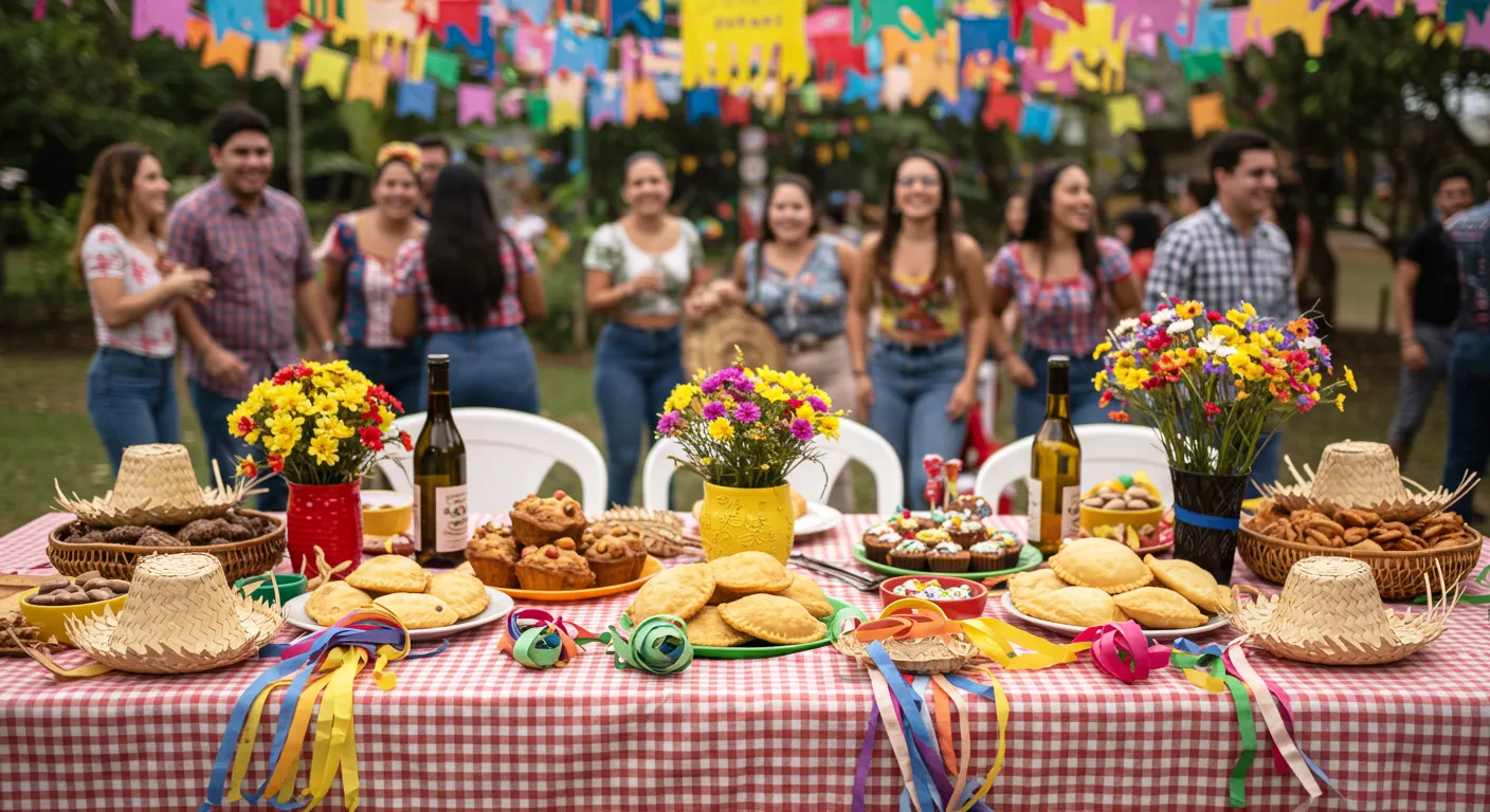 Pessoas em um ambiente festivo ao ar livre, com bandeirinhas coloridas ao alto e uma mesa farta com alimentos e enfeites, caracterizam a decoração para festa junina.