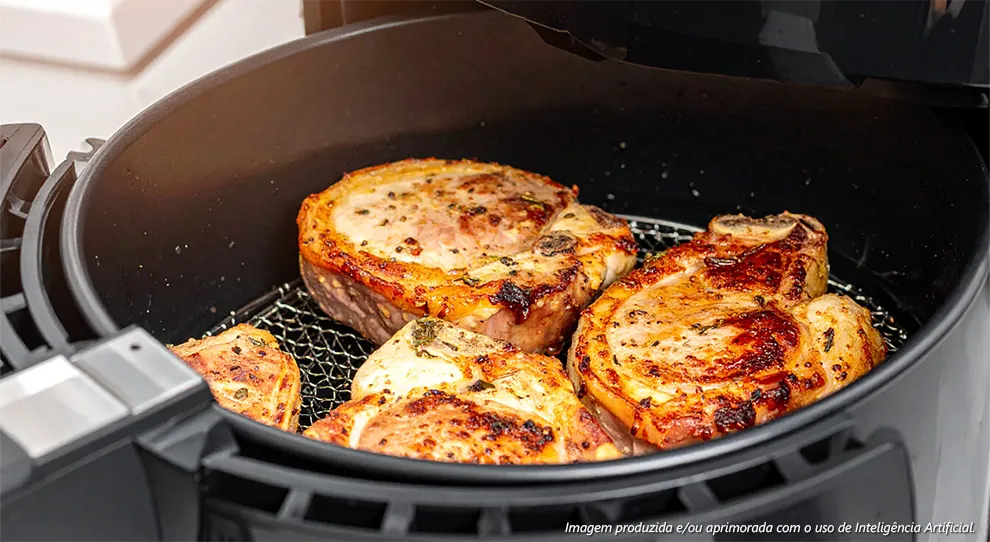 Apresenta quatro pedaços de carne com temperos em uma airfryer, destacando as diferenças entre uma airfryer e uma churrasqueira tradicional.