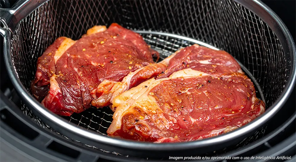 Carne temperada com especiarias e pimenta, pronta para ser cozida em uma airfryer, demonstrando Como temperar a carne para churrasco na airfryer para realçar o sabor?