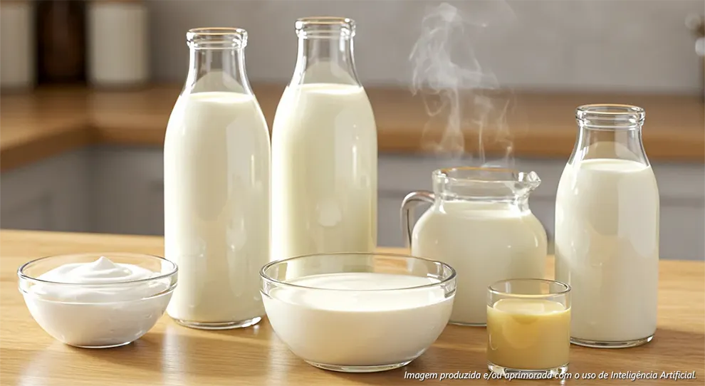 Uma bancada de madeira exibe diversos tipos de leite, incluindo garrafas de leite integral, uma tigela de iogurte, um copo de leite fermentado e um jarro de leite quente, com vapor subindo.