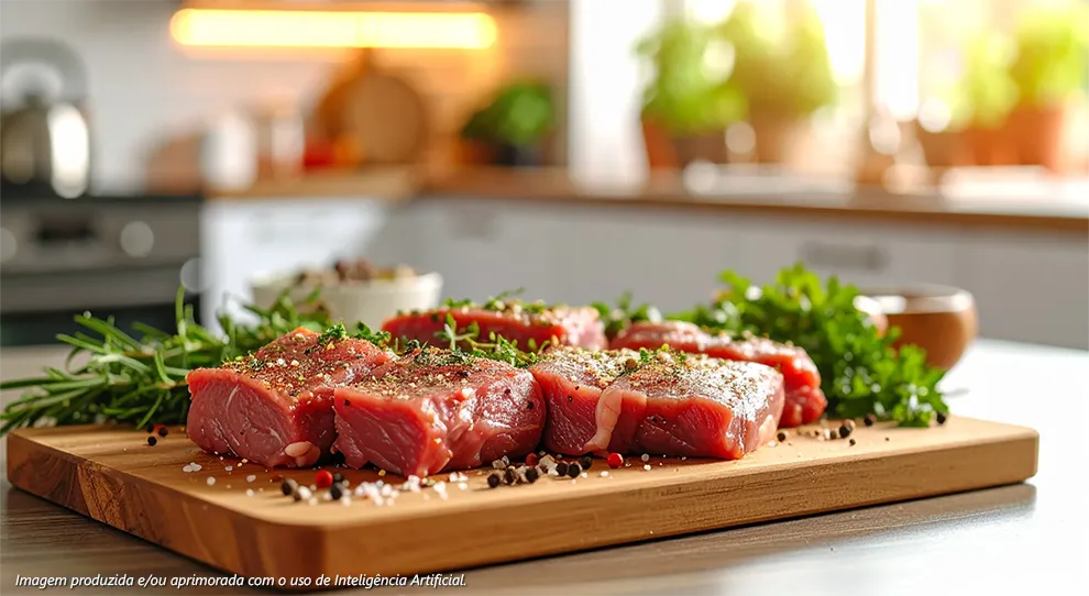 Cortes de carne bovina crus e temperados, dispostos em uma tábua de corte, que são carnes que valorizam o churrasco. Há ramos de alecrim e salsinha.