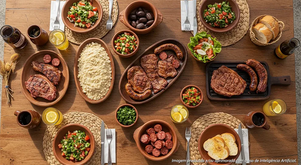 Mesa de madeira com uma variedade de pratos, incluindo carnes, saladas, farofa e pães, que são acompanhamentos que não se pode esquecer em um churrasco.