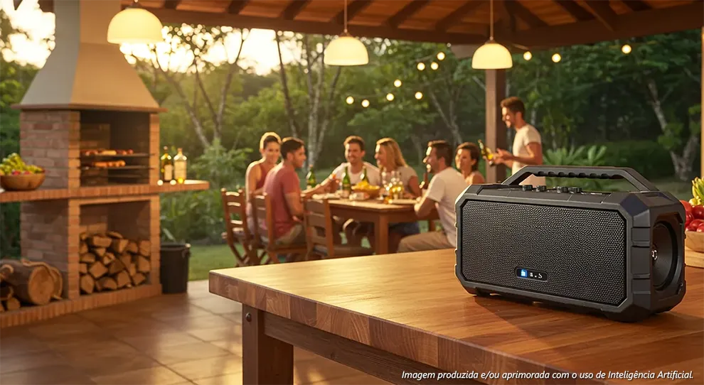 Cenário de confraternização com uma churrasqueira de tijolos e pessoas sentadas à mesa, onde a música pode "Contribuir com jogos e música para animar o ambiente".Cenário de confraternização com uma churrasqueira de tijolos e pessoas sentadas à mesa, onde a música pode "Contribuir com jogos e música para animar o ambiente".