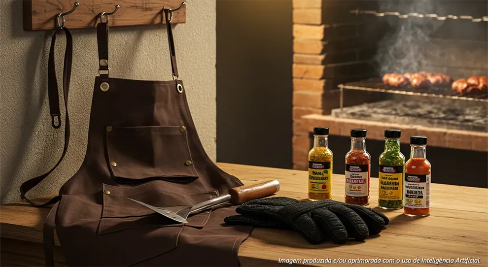 Equipamentos e temperos para churrasco em uma mesa rústica, que demonstram como "Personalize sua contribuição com criatividade".