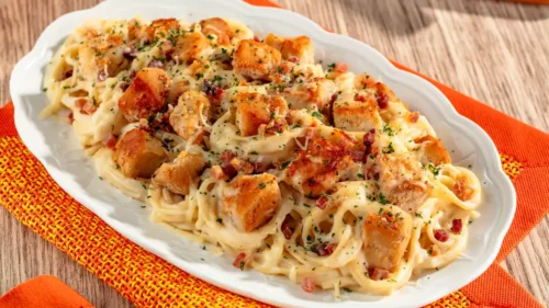 Macarrão com creme de batata e frango