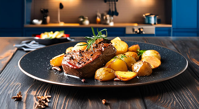 Bife ancho assado e servido com deliciosas batatas rústicas.