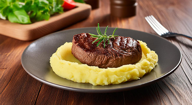 Prato com bife ancho com purê de batat cremoso.