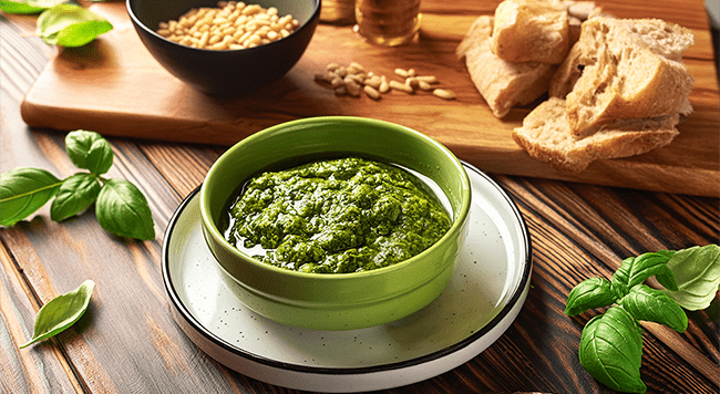 molho pesto servido em pote pequeno de vidro verde