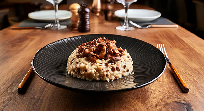 Prato chique de risoto de cogumelo e bacon.