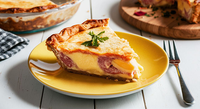 Fatia de torta cremosa de mortadela com queijo em um prato amarelo. Ao fundo, a travessa com a torta inteira.