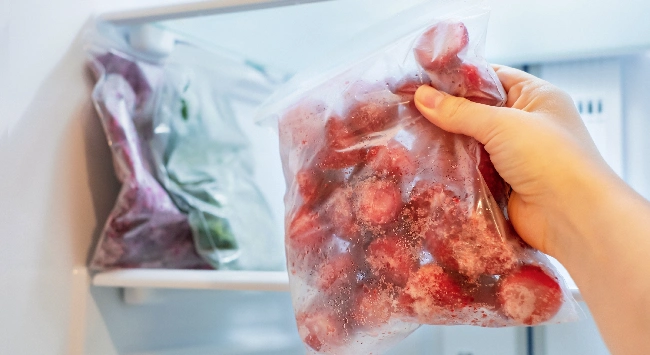 Morangos congelados em um plástico transparente. 