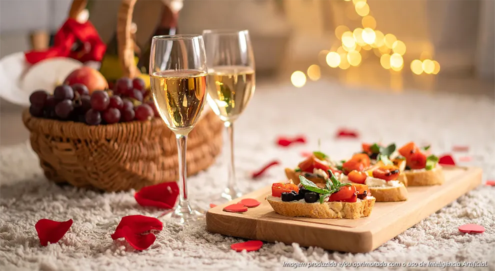 Apresenta um "Piquenique indoor: charme e descontração no tapete" com uma cesta de vime cheia de uvas e frutas, e uma tábua com aperitivos de tomate e azeitonas.
